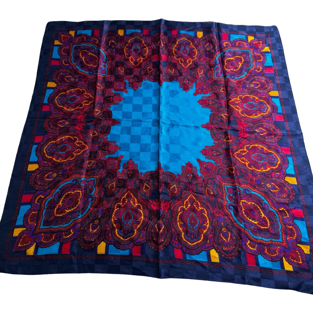 Elaine Gold Scarf Womens OS Blue Red Paisley Checkered Vintage Silk Square Scarf
